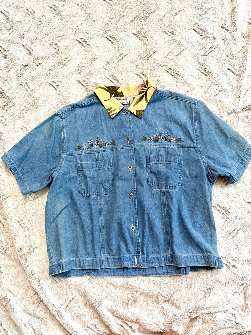 Vintage 90s New Look Embroidered Denim Shirt Tropical Collar Cottagecore